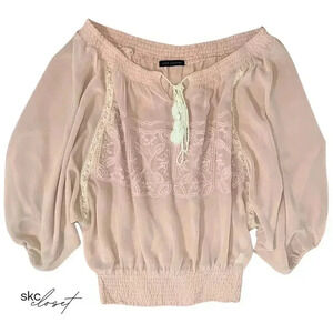 LOVE CULTURE Off the Shoulder Lace, Sheer 3/4 Length Sleeve, Pink Blouse Top, S